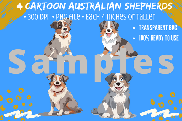 4 Cute Cartoon Australian Shepherd Dogs: A Designer's Joyful Asset