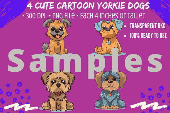 4 Cute Small Dogs Yorkie Terrier Cartoon: Adorable Design Assets