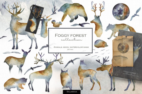Whimsical Watercolor Charm: Foggy Forest Animals